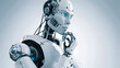 Photo of white detailed robot with blue eyes simulating a thought process on white background. Technological concept