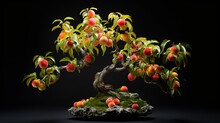 A Nectarine Bonsai With Ripening Fruits, Each One Perfectly Formed And Adding A Touch Of Realism To The Miniature Tree. The Play Of Light Enhances The Colors Of The Tiny Nectarines.