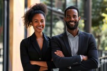 Portrait of happy multi ethnic business couple posing with arms crossed