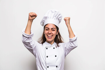 Young Brazilian chef woman celebrating a victory in winner position on white isolated background