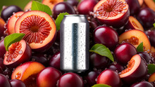 Mockup Of A Metal Soda Can On A Background Of Juicy Fruit. Background Of Plums And Figs. Generated By AI