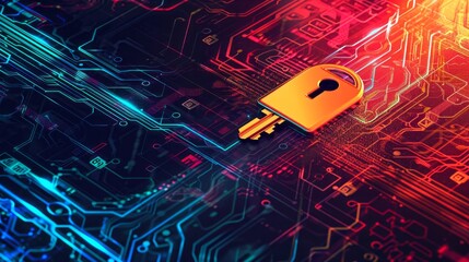 Poster - Cyber security concept. Lock, key hole and laptop on digital pattern background