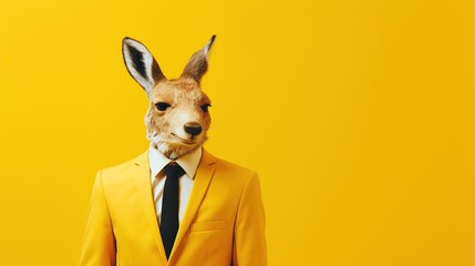 Wall Mural - A surreal image of a kangaroo head on a human body in a yellow suit against a yellow background, portraying a quirky and humorous take on professional attire.