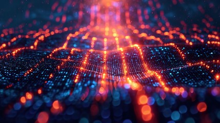 Poster - Abstract visualization of a digital network with dynamic blue and red nodes, representing connectivity and data flow.