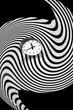 Futuristic clock on striped motion pattern in black and white