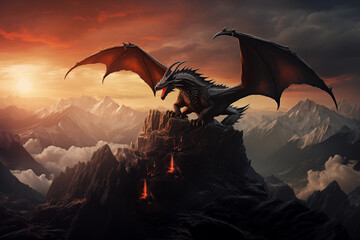 Wall Mural - dragon dramatic sunset in clouds
