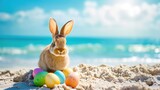 Fototapeta Nowy Jork - Beach Easter background with bunny and color eggs near ocean