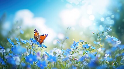  Beautiful blurred spring nature background with blooming meadow and blue sky on a sunny day. Butterfly and delicate blue flower