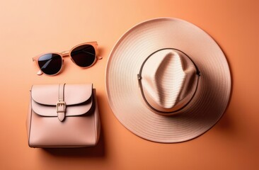 summer fashion accessories. hand bag, hat, sunglasses on peach color background, flatlay, top view