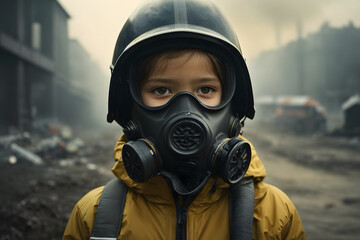 A child with a gas mask as a concept of air pollution awareness