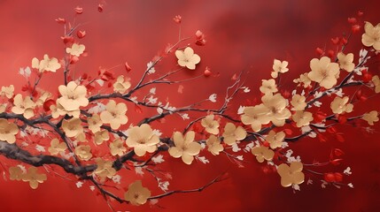 Chinese white plum flower branches blossom on red background for Chinese new year greeting card