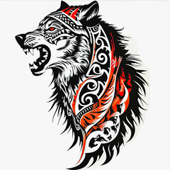 Wall Mural - Wolf polynesian style design for tattoo or t-shirt print flat vector generative ai