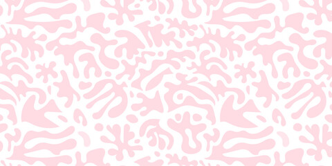Poster - Contemporary nature art seamless pattern with pink hearts, flowers, leaves, amoeba blots, plant collage shapes. Trendy botanical summer, spring, woman's day celebration background. Vector 
