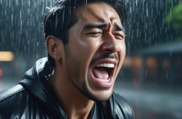 Wall Mural - upset Asian man screaming, crying at street under rain. shock and emotional breakdown, depression.