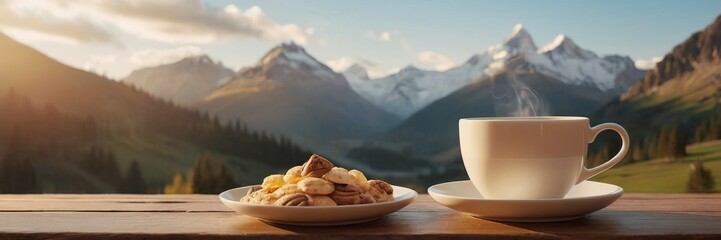 Coffee cup on wood table and view of beautiful nature background.