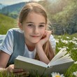 Dziewczynka leżąca na trawie i czytająca książkę. W tle wiosenny krajobraz