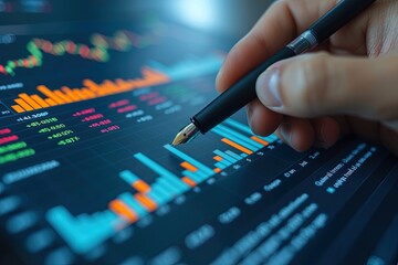 Close-up of a businessman's hand holding a pen and analyzing investment graphs. AI Generated