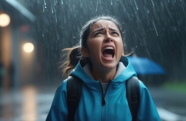 Wall Mural - upset Asian girl screaming, crying at street under rain. shock and emotional breakdown, depression.