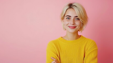 Wall Mural - Happy confident pretty gen z blonde young woman wearing earings, positive smiling girl with short blond hair wearing yellow sweater looking at camera standing isolated on pink background