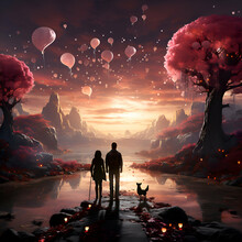 Fantasy Landscape With Couple And Dog On A Background Of Red Sunset