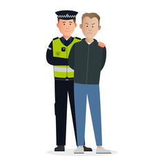 Wall Mural - Simple flat British male police man officer vector character making arrest. Criminal being put into handcuffs.