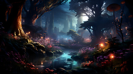 Fantasy landscape with a dark forest and a river. 3d rendering