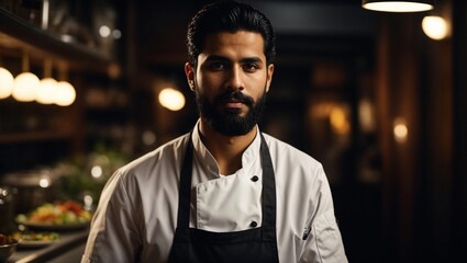 Wall Mural - chef or waiter young black haired arabian or turkish male with beard on uniform in dark background