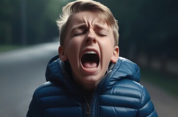 Wall Mural - upset Caucasian boy screaming, crying outdoors. shock and emotional breakdown, depression.