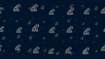 Poster - Sitting tiger symbols float horizontally from left to right. Parallax fly effect. Floating symbols are located randomly. Seamless looped 4k animation on dark blue background