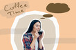Young beautiful Caucasian woman holding cup of coffee and blank speech bubble. Lifestyle concept. Copy space. Art collage