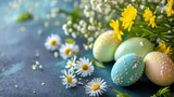 Fototapeta Mapy - Happy Easter. Congratulatory easter background. Easter eggs and flowers