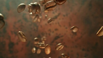 Fototapete - Super Slow Motion of Falling Coffee Beans Isolated on Black Background. Macro Shot. Filmed on High Speed Cinema Camera, 1000 fps.