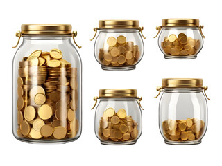 Gold coins in glass jars on a transparent background.