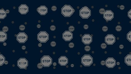 Poster - Stop road signs float horizontally from left to right. Parallax fly effect. Floating symbols are located randomly. Seamless looped 4k animation on dark blue background