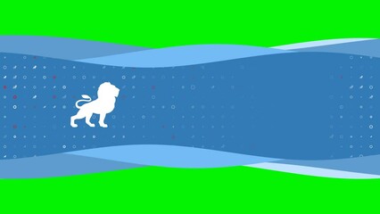 Poster - Animation of blue banner waves movement with white lion symbol on the left. On the background there are small white shapes. Seamless looped 4k animation on chroma key background