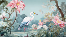 Botanical Chinoiserie Background With Crane Bird. AI Generated Image.