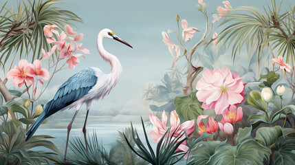  Botanical chinoiserie background with crane bird. AI generated image.