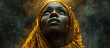 Biblical Character. Close Up Portrait Of A Black Woman With A Shawl Looking Up. 