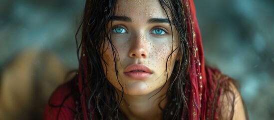 Wall Mural - Biblical character. Emotional close up portrait of young woman with blue eyes and wet hair looking up. 