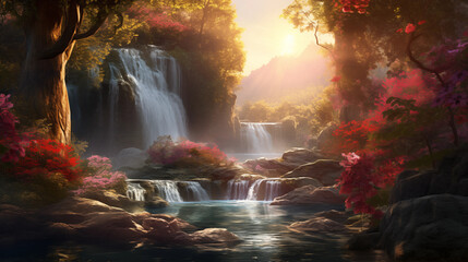 Wall Mural - beautiful waterfall in the forest with the sun shining wallpaper