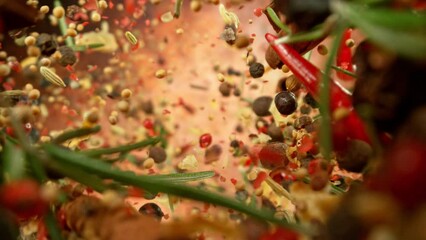 Poster - Super Slow Motion of Falling and Rotating Spices Mix. Filmed on High Speed Cinema Camera, 1000 fps.