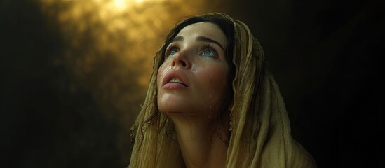Wall Mural - Biblical character. Emotional close up portrait of a woman with blue eyes in a veil looking up. 