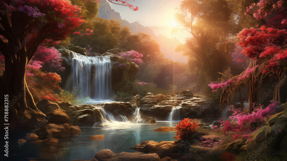 beautiful waterfall in the forest with the sun shining wallpaper Stock ...