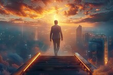 Concept Of Determined Businessman On Ascent To Success Symbolized By Climbing Staircase. Imagery Of Light Cityscapes And Stairs Evoke Sense Of Progress And Ambition