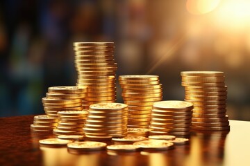 Poster - Gold coin stacks symbolize banking and finance.