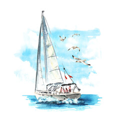 Wall Mural - Sea boat, yacht on the waves near the tropical beach. Hand drawn watercolor illustration  isolated on white background