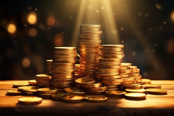 Poster - Golden background with coin stacks, representing business and finance.