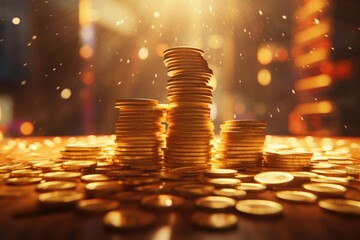 Poster - Golden background with coin stacks, representing business and finance.