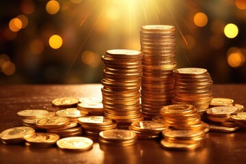 Poster - Golden background with coin stacks, representing business and finance.