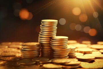 Poster - Golden background with coin stacks, representing business and finance.